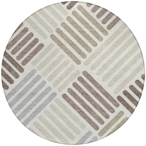 HomeRoots 8' Round Geometric Area Rug in Ivory Beige & Brown - Washable, Durable for Indoor/Outdoor Use 660417