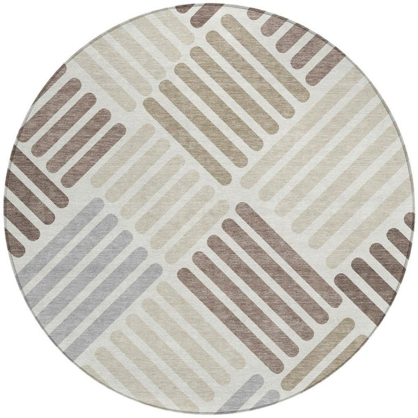 HomeRoots 8' Round Geometric Area Rug in Ivory Beige & Brown - Washable, Durable for Indoor/Outdoor Use 660417