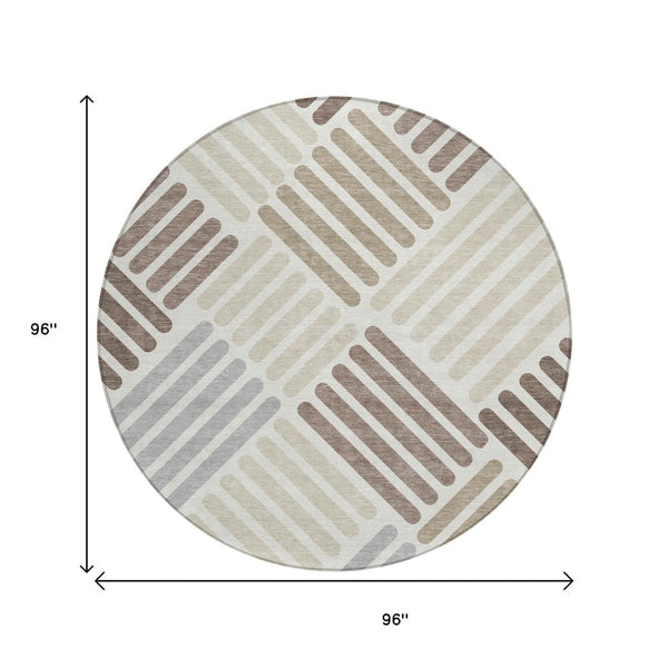 HomeRoots 8' Round Geometric Area Rug in Ivory Beige & Brown - Washable, Durable for Indoor/Outdoor Use 660417