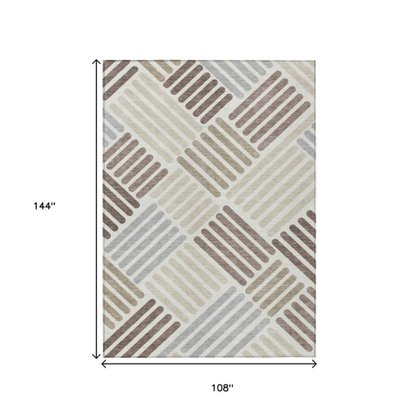 HomeRoots 9' Geometric Ivory Beige and Brown Washable Area Rug - Durable Indoor Outdoor Style for Any Space 660419