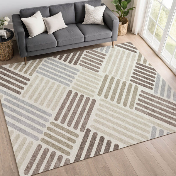 HomeRoots 9' Geometric Ivory Beige and Brown Washable Area Rug - Durable Indoor Outdoor Style for Any Space 660419
