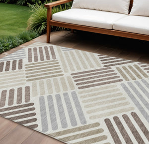 HomeRoots 10' Stylish Ivory Beige Brown Geometric Washable Indoor Outdoor Area Rug for Modern Homes & Patios 660420