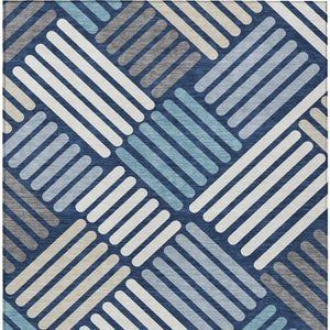 HomeRoots 5' Navy Blue Geometric Washable Area Rug - Durable, Stylish, Indoor/Outdoor Design for High Traffic Use 660422