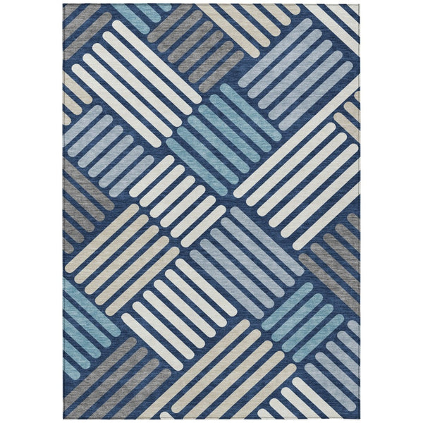 HomeRoots 5' Navy Blue Geometric Washable Area Rug - Durable, Stylish, Indoor/Outdoor Design for High Traffic Use 660422