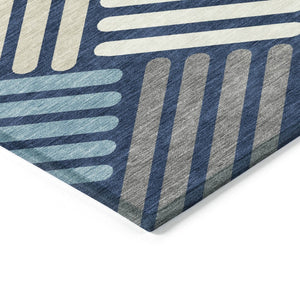 HomeRoots 5' Navy Blue Geometric Washable Area Rug - Durable, Stylish, Indoor/Outdoor Design for High Traffic Use 660422