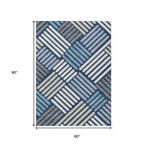 HomeRoots 5' Navy Blue Geometric Washable Area Rug - Durable, Stylish, Indoor/Outdoor Design for High Traffic Use 660422