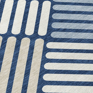 HomeRoots 5' Navy Blue Geometric Washable Area Rug - Durable, Stylish, Indoor/Outdoor Design for High Traffic Use 660422
