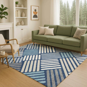 HomeRoots 5' Navy Blue Geometric Washable Area Rug - Durable, Stylish, Indoor/Outdoor Design for High Traffic Use 660422