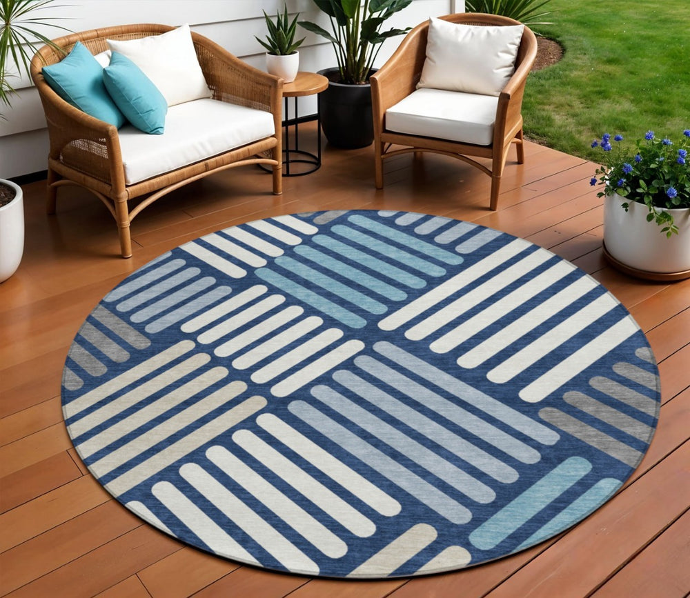 HomeRoots 8' Round Geometric Rug in Navy Blue, Ivory & Pewter - Stylish, Washable Indoor/Outdoor Area Essential 660423