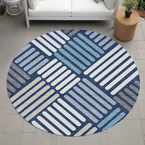 HomeRoots 8' Round Geometric Rug in Navy Blue, Ivory & Pewter - Stylish, Washable Indoor/Outdoor Area Essential 660423