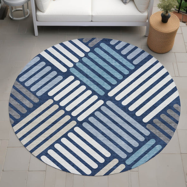 HomeRoots 8' Round Geometric Rug in Navy Blue, Ivory & Pewter - Stylish, Washable Indoor/Outdoor Area Essential 660423