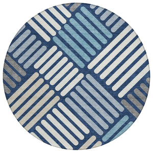 HomeRoots 8' Round Geometric Rug in Navy Blue, Ivory & Pewter - Stylish, Washable Indoor/Outdoor Area Essential 660423