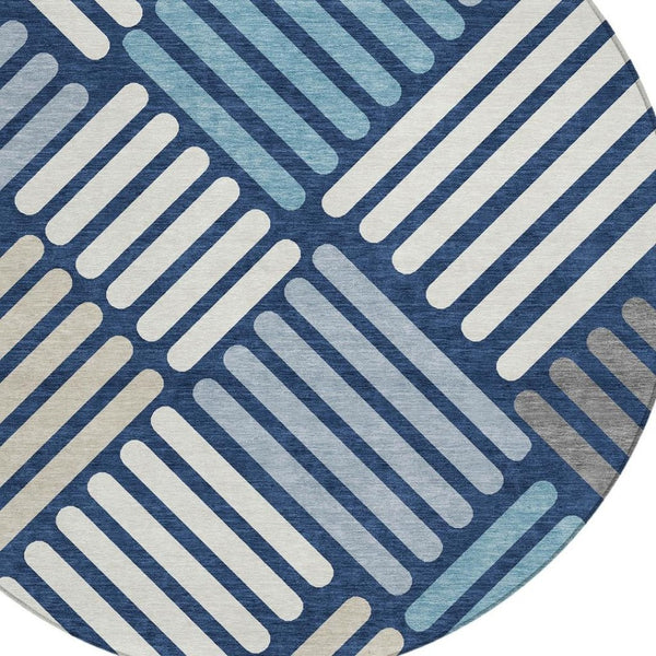 HomeRoots 8' Round Geometric Rug in Navy Blue, Ivory & Pewter - Stylish, Washable Indoor/Outdoor Area Essential 660423
