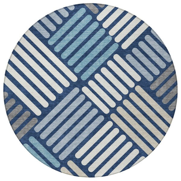 HomeRoots 8' Round Geometric Rug in Navy Blue, Ivory & Pewter - Stylish, Washable Indoor/Outdoor Area Essential 660423