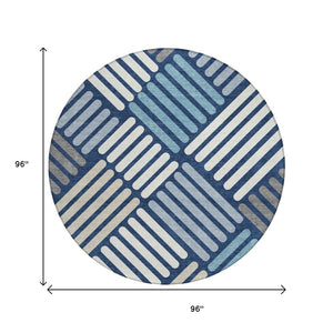 HomeRoots 8' Round Geometric Rug in Navy Blue, Ivory & Pewter - Stylish, Washable Indoor/Outdoor Area Essential 660423