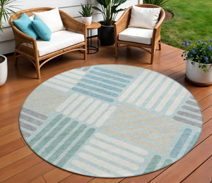 HomeRoots 8' Pale Aqua Geometric Round Rug - Stylish Washable Area Rug for Indoor & Outdoor Spaces 660429
