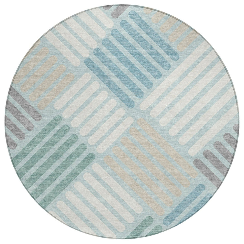 HomeRoots 8' Pale Aqua Geometric Round Rug - Stylish Washable Area Rug for Indoor & Outdoor Spaces 660429