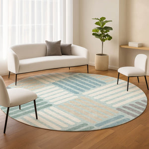 HomeRoots 8' Pale Aqua Geometric Round Rug - Stylish Washable Area Rug for Indoor & Outdoor Spaces 660429