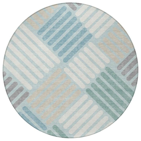 HomeRoots 8' Pale Aqua Geometric Round Rug - Stylish Washable Area Rug for Indoor & Outdoor Spaces 660429