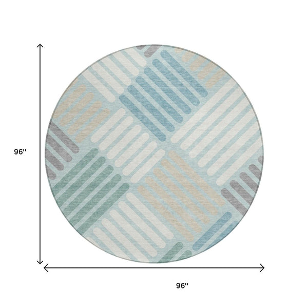 HomeRoots 8' Pale Aqua Geometric Round Rug - Stylish Washable Area Rug for Indoor & Outdoor Spaces 660429