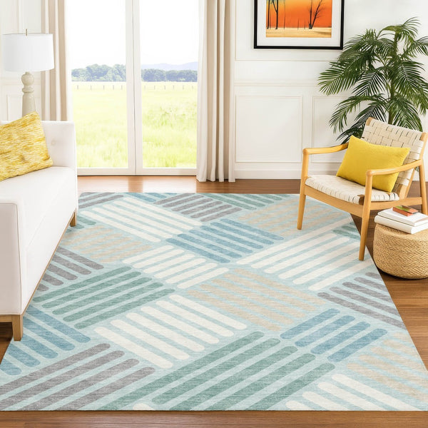 HomeRoots 8' X 10' Stylish Pale Aqua Geometric Area Rug – Durable, Washable, Ideal for Indoor & Outdoor Use 660430