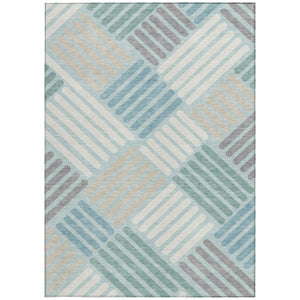 HomeRoots 10' Geometric Washable Area Rug in Pale Aqua, Wheat & Ivory - Durable Indoor/Outdoor Design! 660432