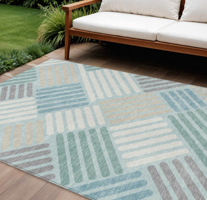 HomeRoots 10' Geometric Washable Area Rug in Pale Aqua, Wheat & Ivory - Durable Indoor/Outdoor Design! 660432