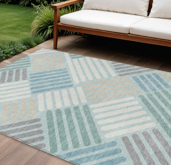HomeRoots 10' Geometric Washable Area Rug in Pale Aqua, Wheat & Ivory - Durable Indoor/Outdoor Design! 660432