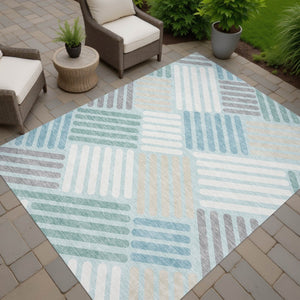 HomeRoots 10' Geometric Washable Area Rug in Pale Aqua, Wheat & Ivory - Durable Indoor/Outdoor Design! 660432