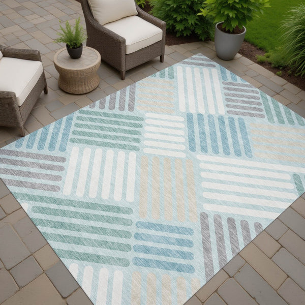 HomeRoots 10' Geometric Washable Area Rug in Pale Aqua, Wheat & Ivory - Durable Indoor/Outdoor Design! 660432