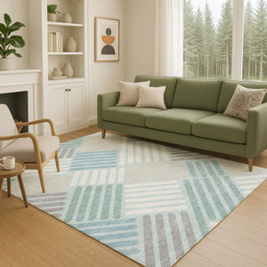HomeRoots 10' Geometric Washable Area Rug in Pale Aqua, Wheat & Ivory - Durable Indoor/Outdoor Design! 660432