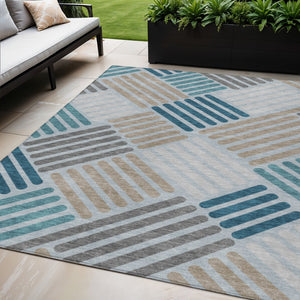 HomeRoots 5' X 8' Teal Blue Geometric Area Rug - Stylish, Washable, Stain-Resistant, Indoor/Outdoor Essential! 660434