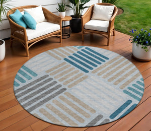 HomeRoots 8' Teal Blue Round Geometric Area Rug – Stylish, Washable, Durable for Indoor & Outdoor Spaces 660435