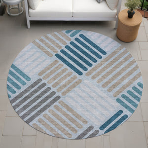 HomeRoots 8' Teal Blue Round Geometric Area Rug – Stylish, Washable, Durable for Indoor & Outdoor Spaces 660435