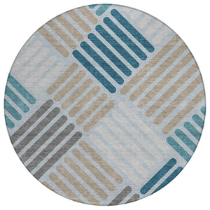 HomeRoots 8' Teal Blue Round Geometric Area Rug – Stylish, Washable, Durable for Indoor & Outdoor Spaces 660435
