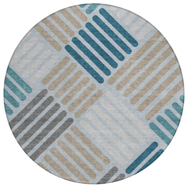 HomeRoots 8' Teal Blue Round Geometric Area Rug – Stylish, Washable, Durable for Indoor & Outdoor Spaces 660435