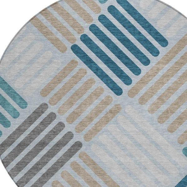 HomeRoots 8' Teal Blue Round Geometric Area Rug – Stylish, Washable, Durable for Indoor & Outdoor Spaces 660435