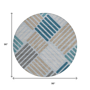 HomeRoots 8' Teal Blue Round Geometric Area Rug – Stylish, Washable, Durable for Indoor & Outdoor Spaces 660435