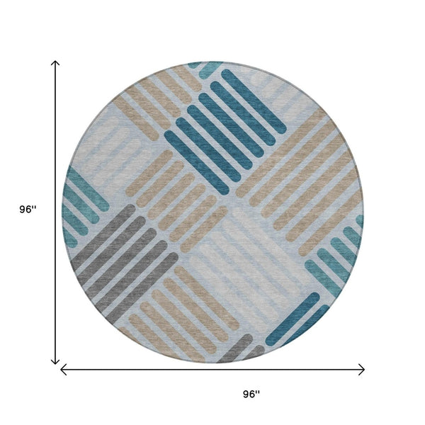 HomeRoots 8' Teal Blue Round Geometric Area Rug – Stylish, Washable, Durable for Indoor & Outdoor Spaces 660435