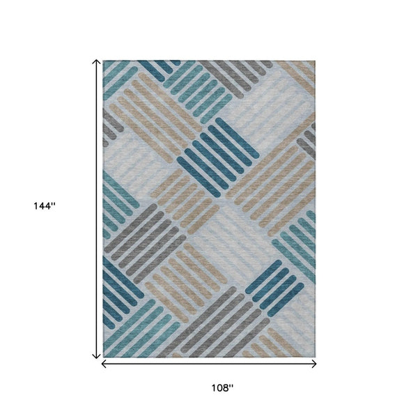 HomeRoots 9' X 12' Stylish Teal Blue Geometric Indoor-Outdoor Area Rug - Durable, Washable, Versatile Design 660437