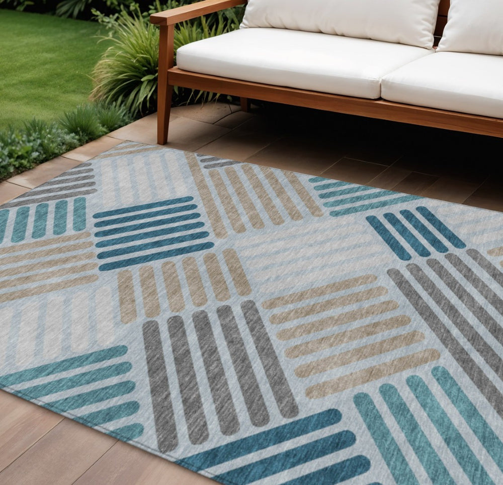 HomeRoots 9' X 12' Stylish Teal Blue Geometric Indoor-Outdoor Area Rug - Durable, Washable, Versatile Design 660437