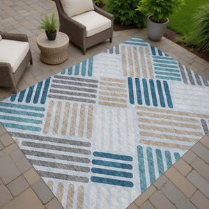 HomeRoots 9' X 12' Stylish Teal Blue Geometric Indoor-Outdoor Area Rug - Durable, Washable, Versatile Design 660437