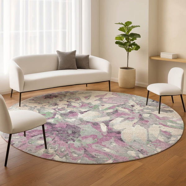 HomeRoots 8' Elegant Blush Ivory Gray Round Floral Rug - Washable, Durable, Perfect for Indoor & Outdoor Spaces! 660441