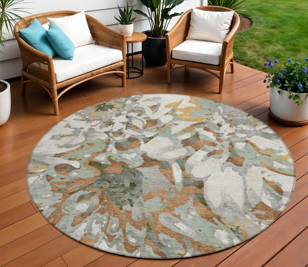 HomeRoots 8' Copper Gray Floral Area Rug - Stylish Round Design for Indoor/Outdoor Spaces, Machine Washable! 660447