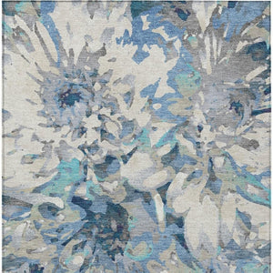 HomeRoots 5' Denim Blue Gray Ivory Floral Rug - Washable, Durable, Indoor/Outdoor Design for High-Traffic Areas 660452