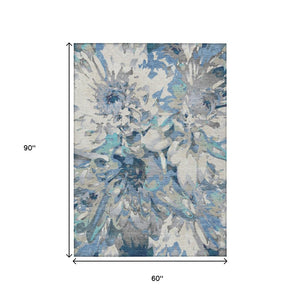 HomeRoots 5' Denim Blue Gray Ivory Floral Rug - Washable, Durable, Indoor/Outdoor Design for High-Traffic Areas 660452