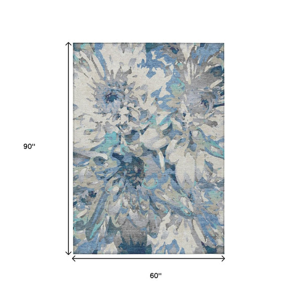 HomeRoots 5' Denim Blue Gray Ivory Floral Rug - Washable, Durable, Indoor/Outdoor Design for High-Traffic Areas 660452