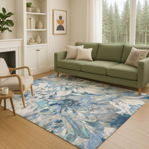 HomeRoots 5' Denim Blue Gray Ivory Floral Rug - Washable, Durable, Indoor/Outdoor Design for High-Traffic Areas 660452