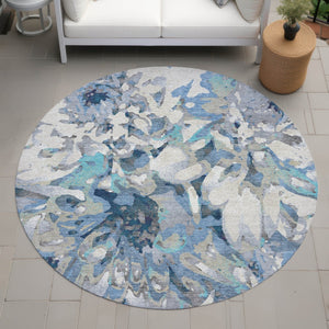 HomeRoots 8' Round Floral Area Rug in Denim Blue, Gray & Ivory – Washable, Durable for Indoor/Outdoor Use 660453