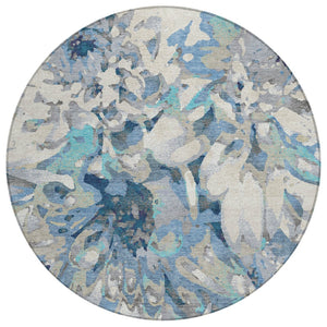 HomeRoots 8' Round Floral Area Rug in Denim Blue, Gray & Ivory – Washable, Durable for Indoor/Outdoor Use 660453